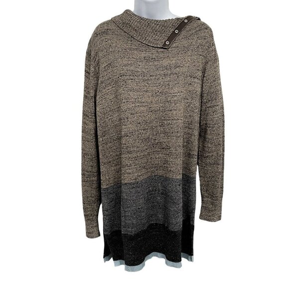 NEW Gap Striped Snap Turtle Neck Long Tunic Sweater Knit Top Split Cowl Sweater - Picture 2 of 9